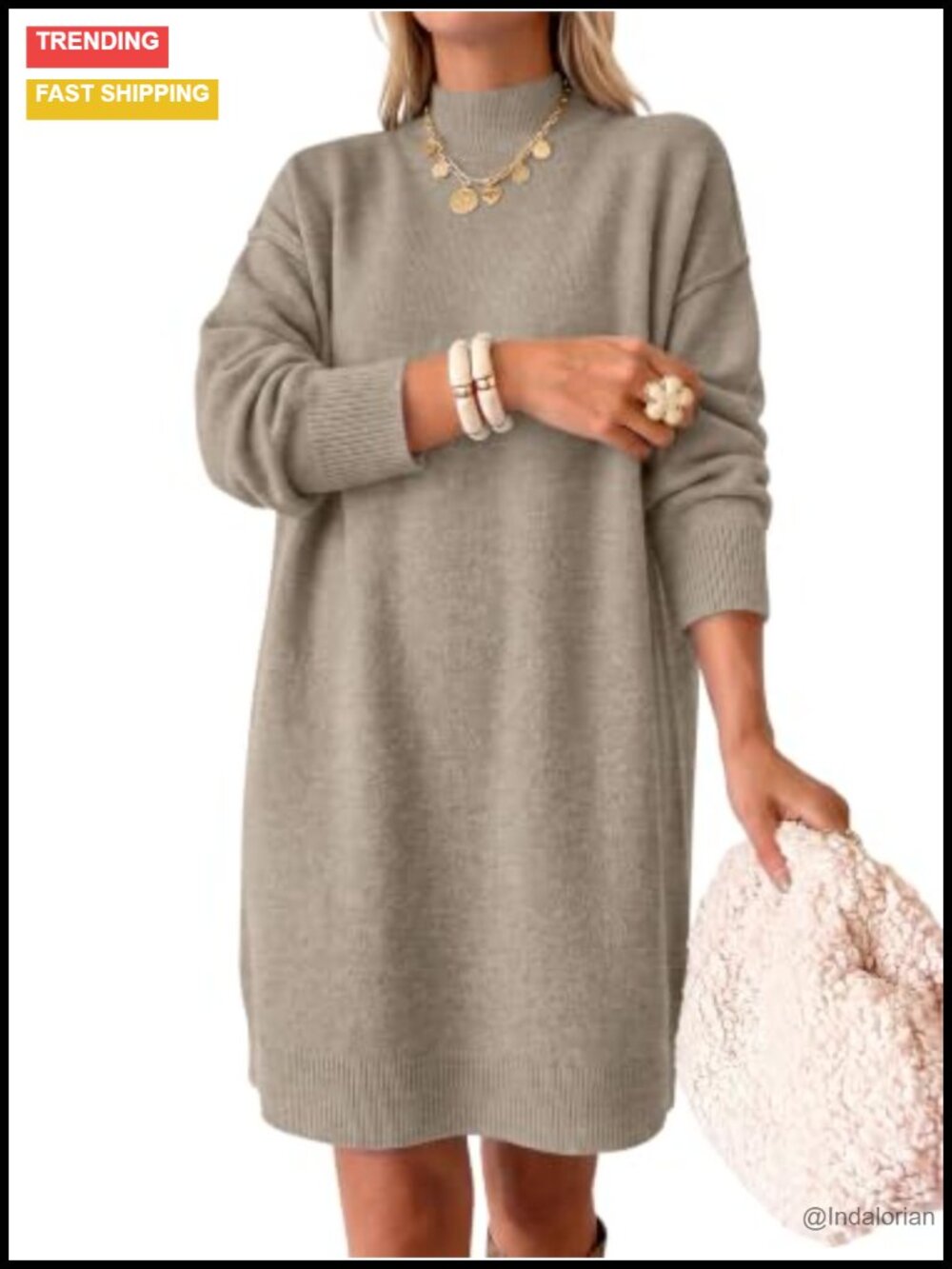 Oversized Mock Neck Long Sleeve Knit Sweater Dress